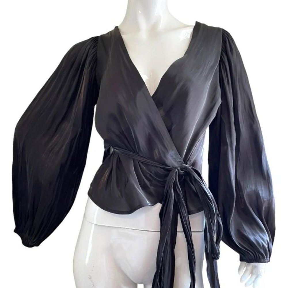 Hyfve Women’s Black Silky Wrap Blouse with Side Tie Size Small